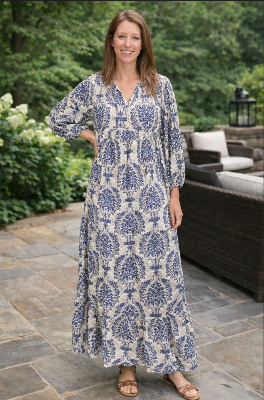 Dokotoo Medium Damask Beige Blue Maxi Dress Tiered NWT Balloon Peasant Boho